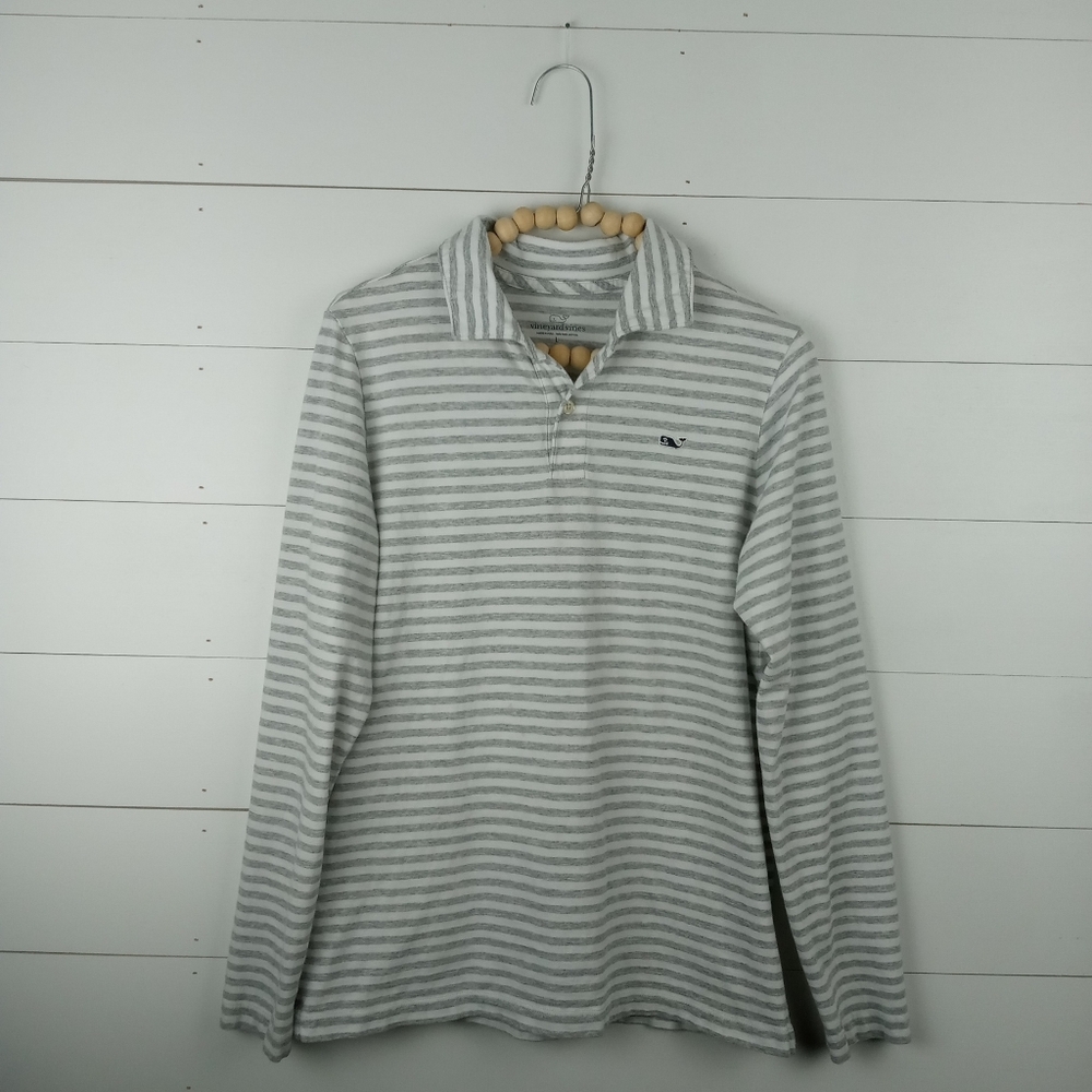 Vineyard Vines boys size L gray and white striped long sleeve collared polo top